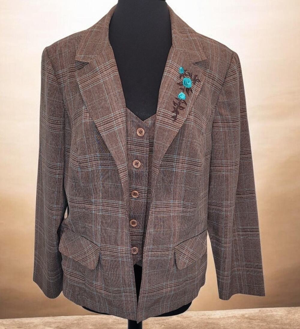 VTG Sag Harbor Glen Plaid Blazer Attached Vest 20W Power Suit 80s 90s